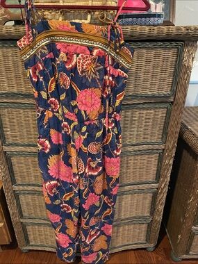 Navy Floral Strap Jumpsuit with Pink & Mustard Flowers by Jasse
